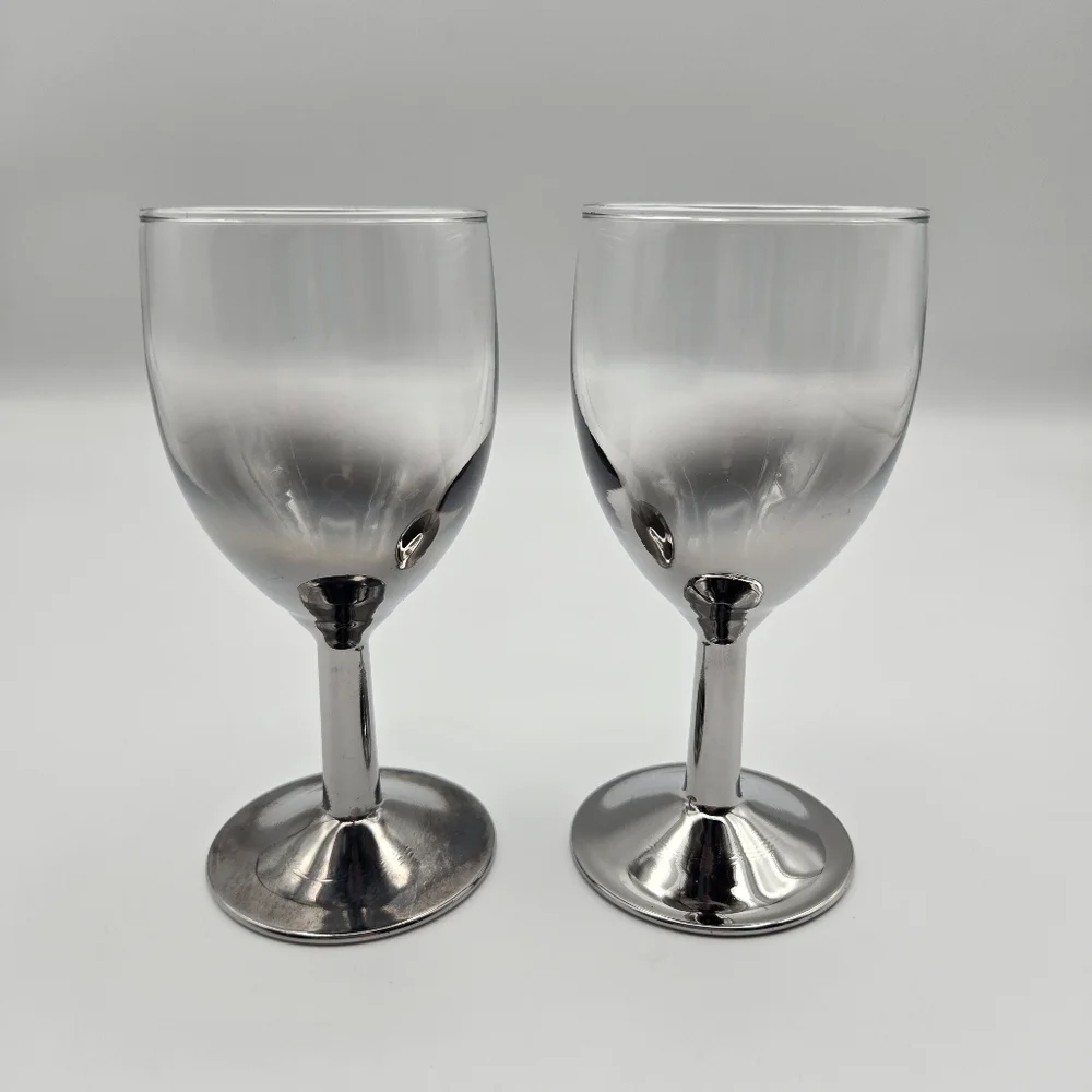 Vintage MCM France Ombre Clear Silver Cocktail Wine Glasses Goblets Set Of 2
